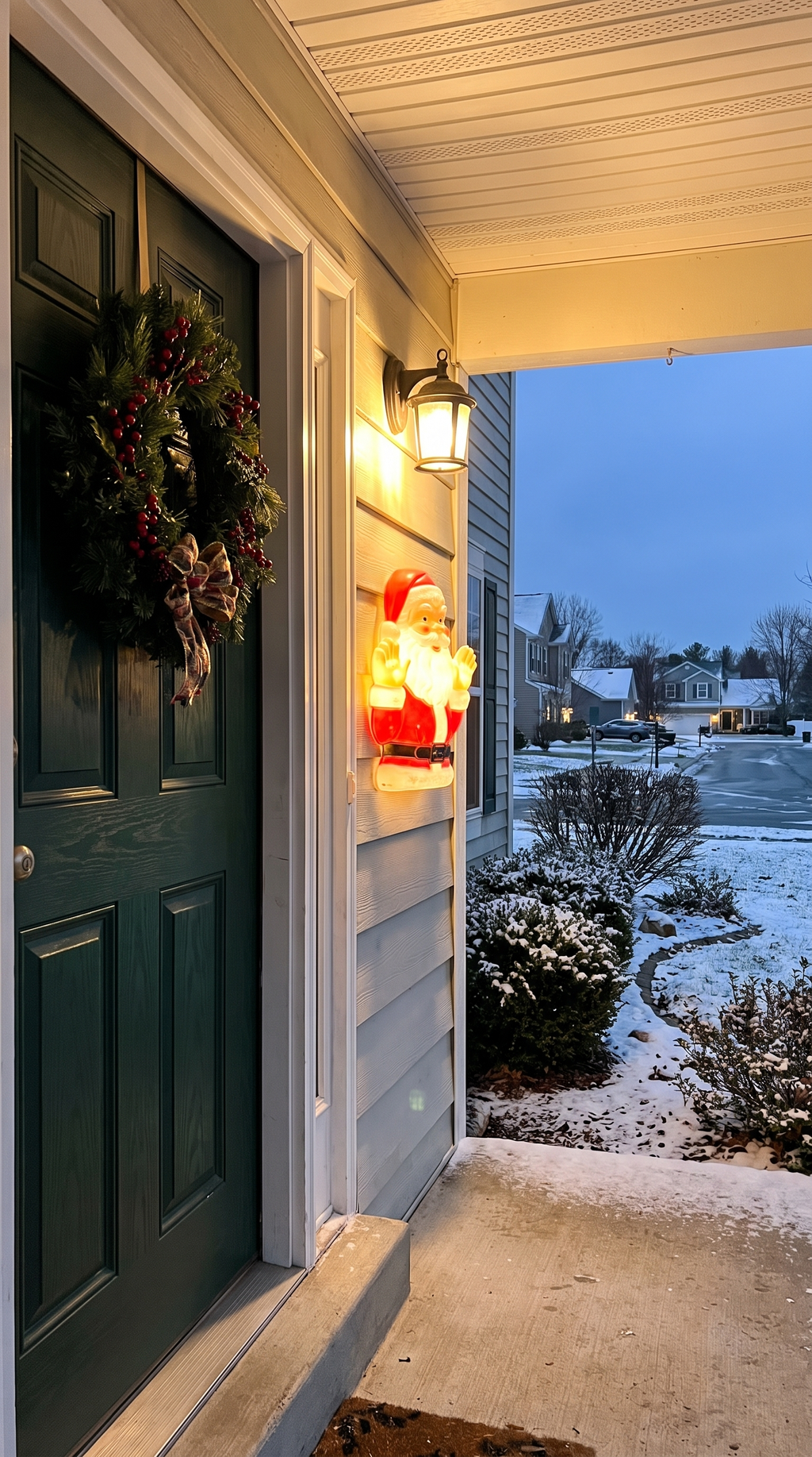 JollyBird mounted on a festive front door at dusk